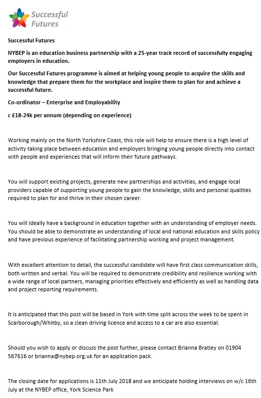 NYBEP's tweet photo. We are currently looking to recruit an Enterprise and Employability Co-ordinator who will be working mainly along the North Yorkshire Coast. c£18-24k per annum. For further information please visit our website. https://t.co/DpmwPbJuYu
