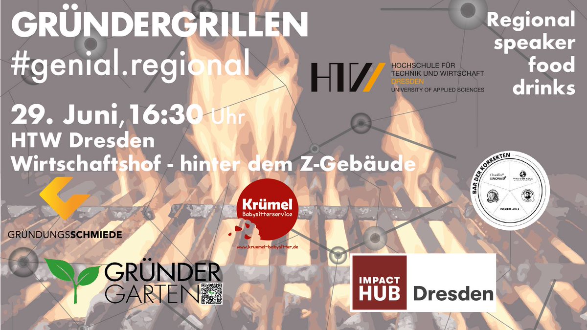 yournextevent's tweet photo. Der @GruenderGarten lädt heute ab 16.30 Uhr zum Gründer Grillen an der @DresdenHtw ein. Das Motto: #genial.regional

https://t.co/TfLiPI1oWD 

#WhatsOnToday #FindYourNextEvent #EventOfTheDay #Startup #Dresden #HTW #Gründungsschmiede #Gründergarten #Grillen #Networking https://t.co/ZFJBzEVfxV