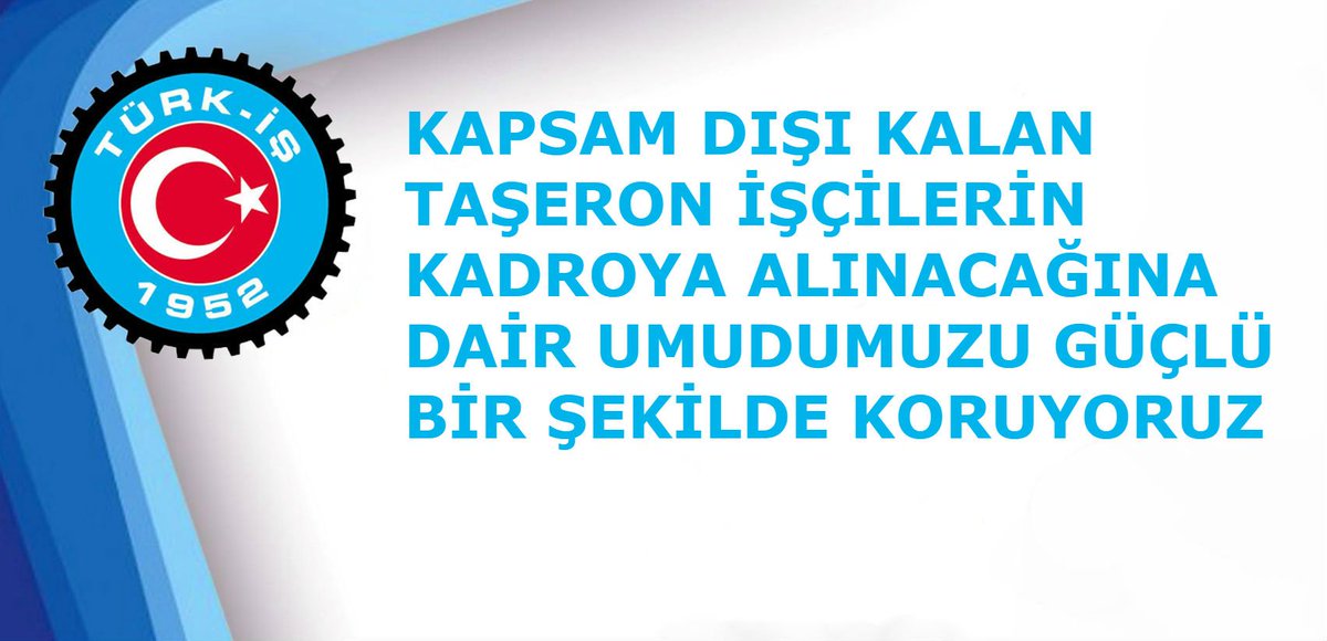 KAPSAM DIŞI KALAN TAŞERON İŞÇİLERİN KADROYA ALINACAĞINA DAİR UMUDUMUZU GÜÇLÜ BİR ŞEKİLDE KORUYORUZ
#taseronakadro

turkis.org.tr/KAPSAM-DISI-KA…