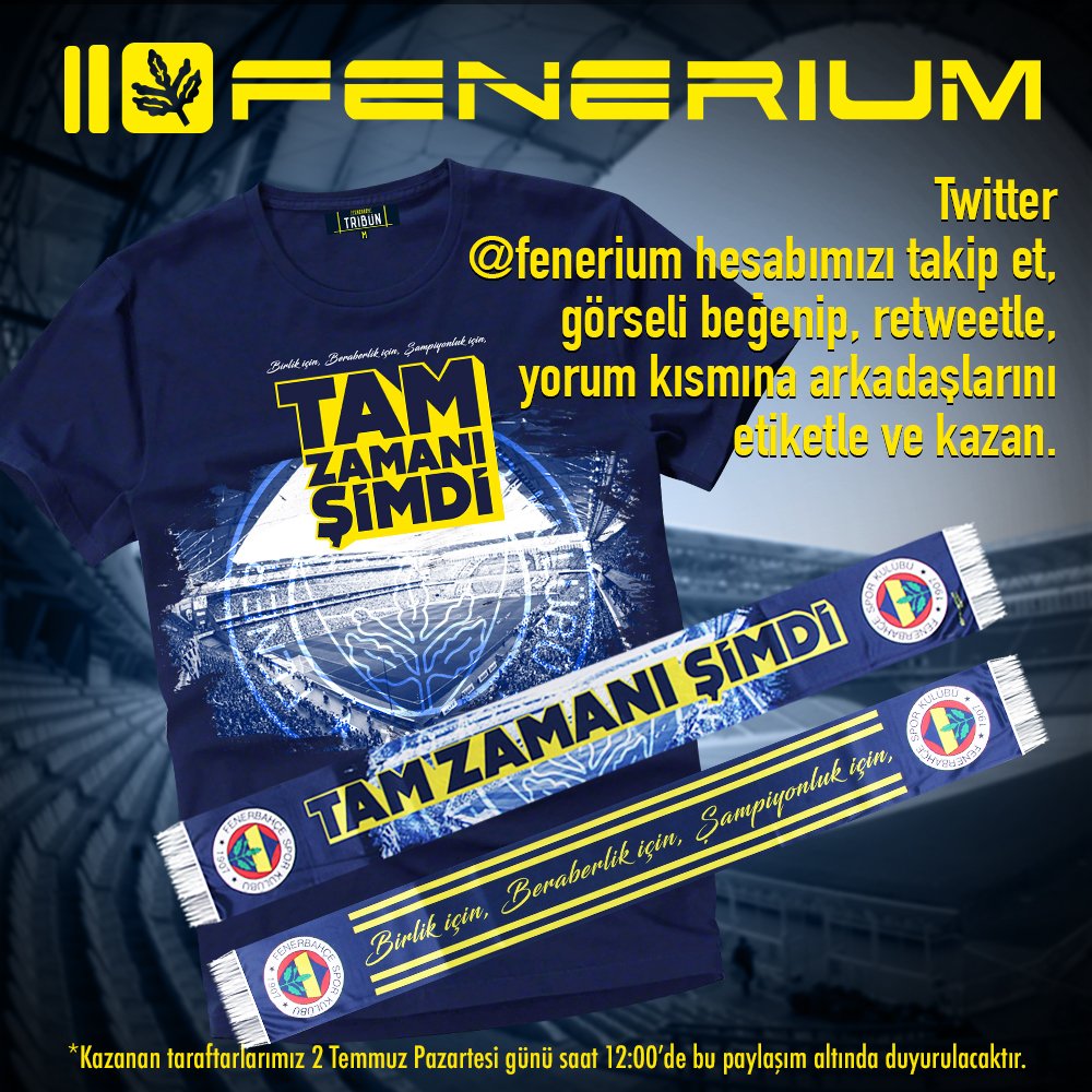 Twitter <a href="/fenerium/">Fenerium</a> hesabımızı takip et.
Görseli beğenip, retweetle.
Yorum kısmına arkadaşlarını etiketle;  
3 şanslı taraftarımızdan biri olup ‘Tam Zamanı Şimdi Tişört’ kazan, etiketlediğin bir arkadaşına ‘Tam Zamanı Şimdi Şal’ kazandır.
Tam Zamanı Şimdi; bit.ly/2Kc95Fj |