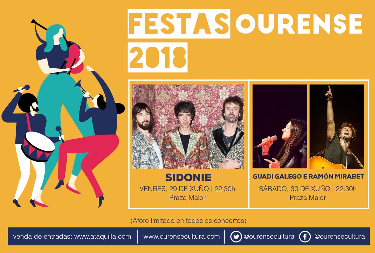 #MÚSICAS para bailar #hoxe en #Ourense 🔊
20:00h, Praza San Martiño: DE VUELTA (Luís Fernández Delgado)
21:00h, Praza do Ferro: ARIES
22:30h, Praza Maior (Aforo Limitado): BEST LIFE +SIDONIE
23:00H, Xardín do Posío: XXI Ourense DANCE
01:00h, rúa Progreso: orquestra PANORAMA