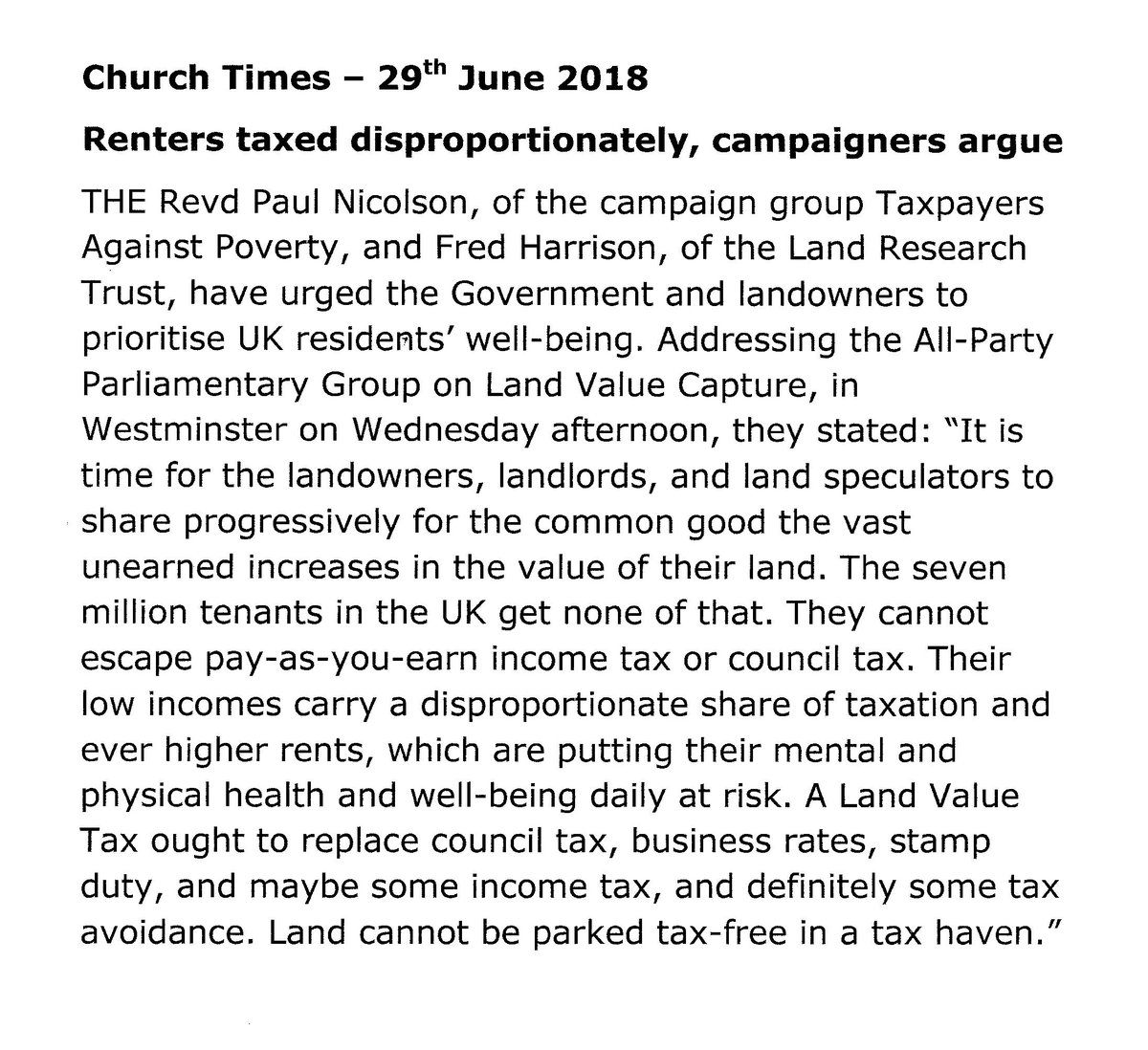 A Land Value Tax #LVT ought to replace #counciltax, #businessrates, #stampduty, and maybe some #incometax tax, and definitely some #taxavoidance. Land cannot be parked tax-free in a #taxhaven    
<a href="/agr_slrg/">Scottish Land Revenue Group 🔰</a> <a href="/LabourLand/">Labour Land Campaign</a> <a href="/NEF/">NEF</a> <a href="/ArchesGuardians/">Guardians of the Arches</a> <a href="/EastEndTrades/">EETG</a>   taxpayersagainstpoverty.org.uk/news/one-of-th…