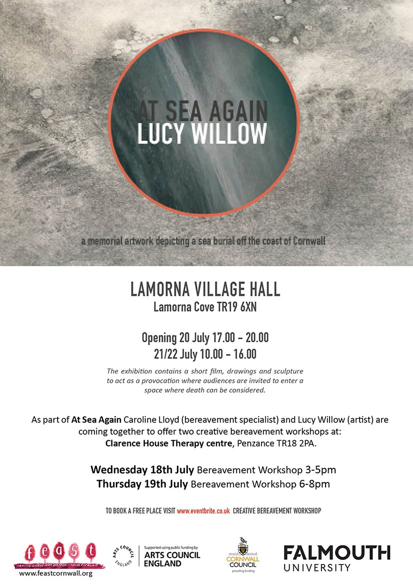 At Sea Again; a memorial artwork by Lucy Willow depicting a sea burial off the coast of Cornwall. Lamorna village Hall TR19 6XN opening 20 July 5pm - 8pm and all weekend 21/22 10.00 - 4.00pm