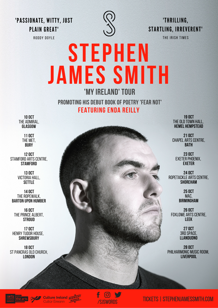 BIG NEWS!

I’ll be doing a UK &amp; Irish tour in October / November with my good pal <a href="/endareilly/">Enda Reilly</a>!

Tickets for all dates on sale now via: stephenjamessmith.com/events/

Please come along to the gigs and share with your friends! 

#Poetry #SpokenWord #MyIreland #UK #Ireland #Tour

RT pls x
