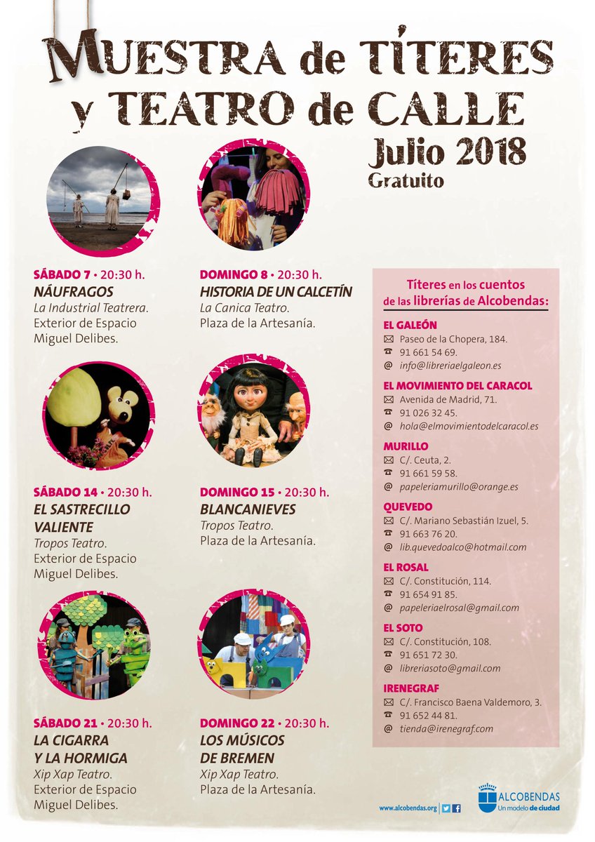 ALCBDS_Taca's tweet photo. Las librerías de #Alcobendas colaboran con la Muestra de Títeres y Teatro de calle. Mirad qué escaparate tan bonito han preparado en @LibreriaSoto. https://t.co/Xg7AWEpjSS