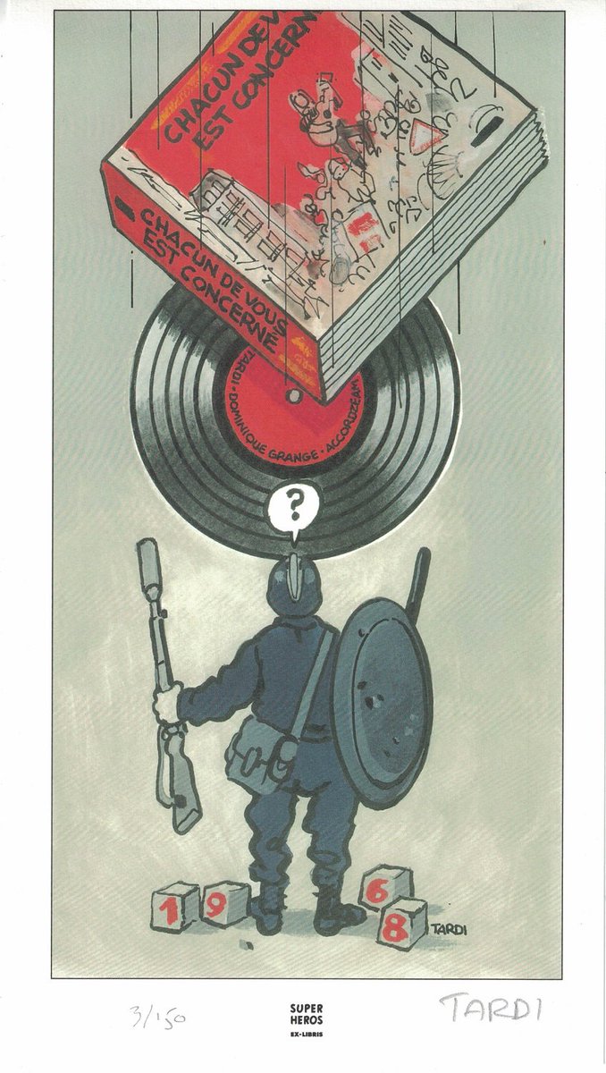 SuperHeros_lib's tweet photo. Chacun de Vous est Concerné est un vinyle de chansons écrites et interprétées par Dominique GRANGE ainsi qu'un album d'illustrations dessinées par #TARDI, qui reviennent sur les luttes sociales de 1968 à nos jours.
Big #exlibris à l'occasion !  🤗 https://t.co/9vKCsyT9rO
