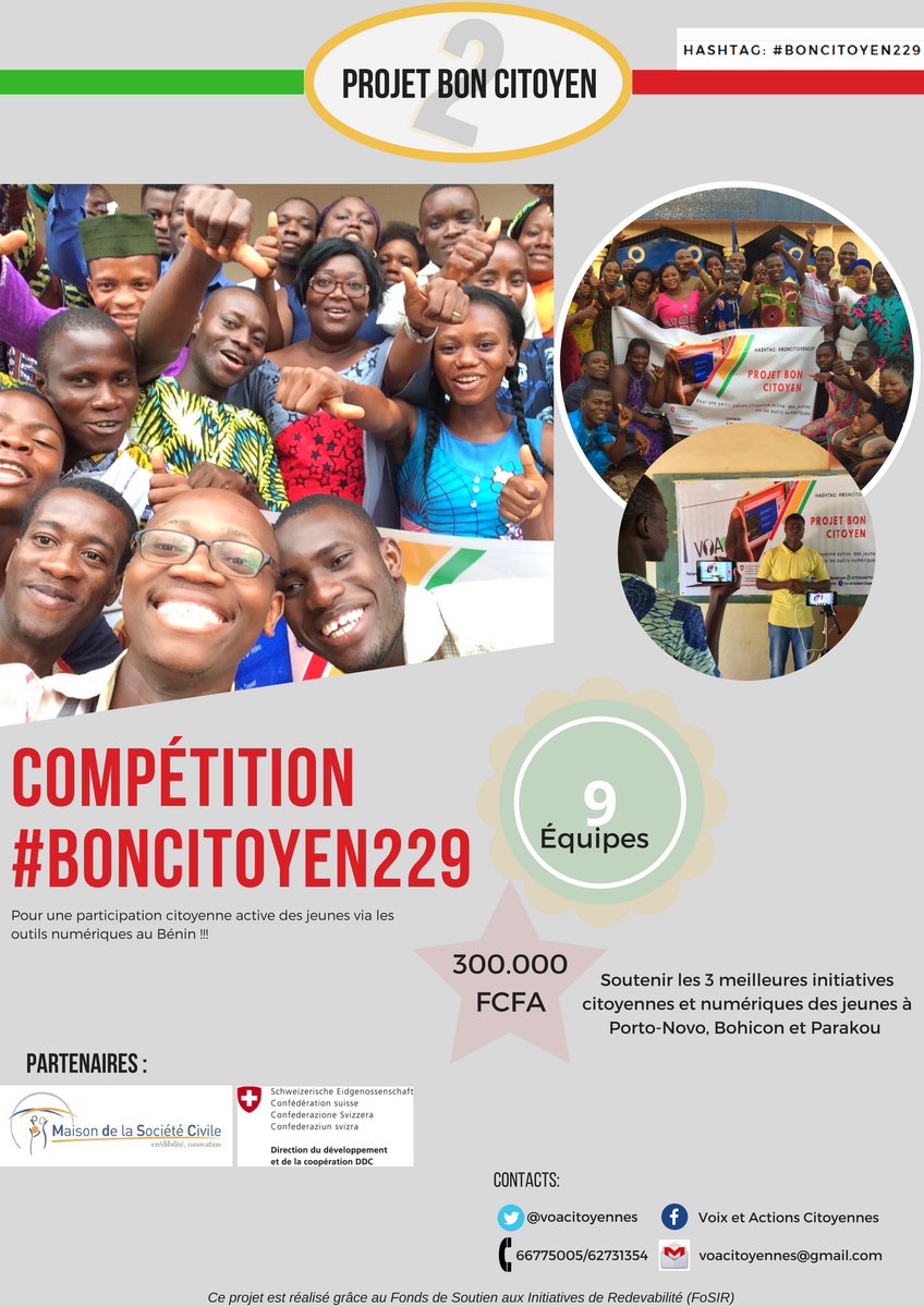 voacitoyennes's tweet photo. #Boncitoyen229🇧🇯
Nous lançons la compétition  #Boncitoyen229, phase 2 de ce projet financé par la maison de la société civile et la Coopération Suisse.
Au total  3⃣0⃣0⃣0⃣0⃣0⃣ FCFA pour soutenir 0⃣3⃣initiatives citoyennes et numériques au #Benin 
#Citoyenneté #Numérique https://t.co/ohNBln4UbT