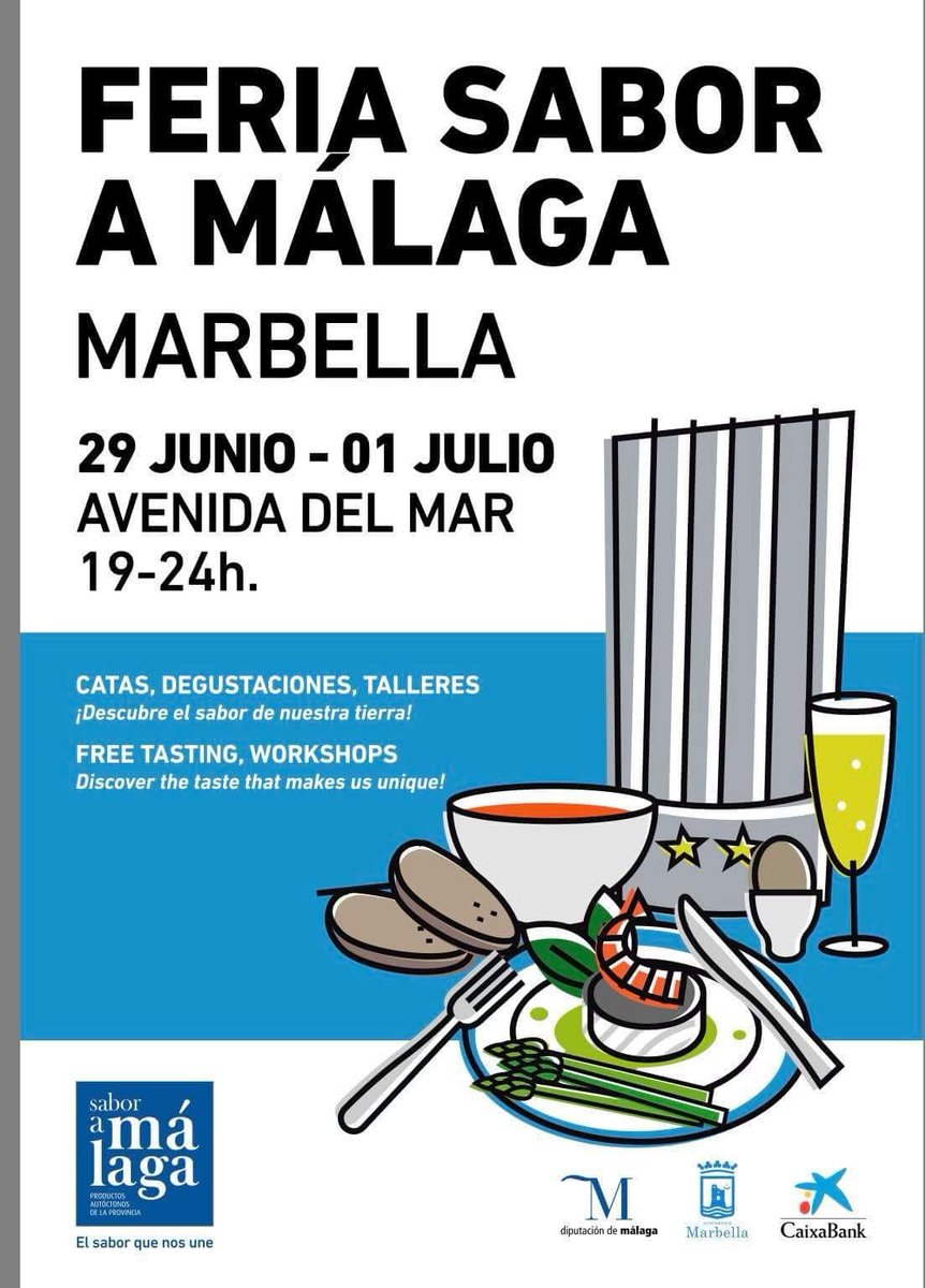 Hoy comienza la #FeriaSaboraMalaga de la Costa del Sol, ¡nos vemos en Marbella!
20:30 h. Taller vinos y quesos por <a href="/ManuBalanzino/">Manu Balanzino</a>. 
21:30 h. Taller de cocina a cargo de Meme Rodríguez, restaurante La Casa del Farero.
22:00 h. Taller y cata de aceite con Francisco Lorenzo Tapia.
