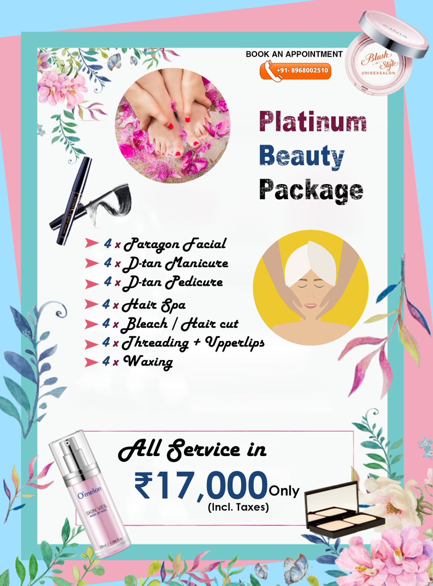 Blushnstyle's tweet photo. #Beauty  begins when you decide to look gorgeous. So, ladies it's time to reveal your beauty and #style with the best #platinumbeautypackage. Rejuvenate yourself at Blush only in Rs. 17,000. For more, visit our #salon.
 #Blushinstyle #chandigarh #packages #beautypackages https://t.co/xYihWifLrm