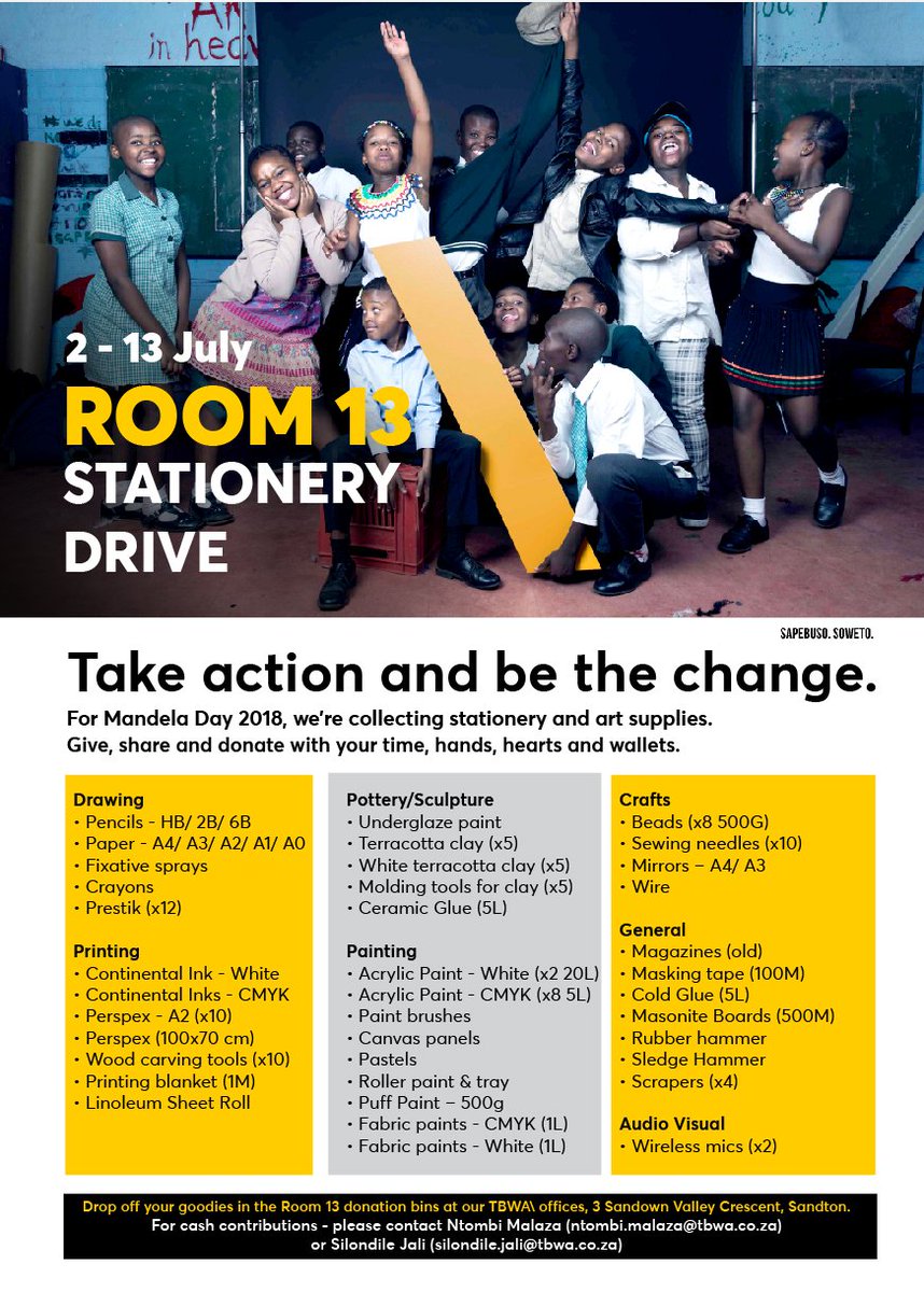 Partner with us this month in making July a memorable #Mandelamonth ✌🇿🇦. We're kicking off July with our Stationery Drive. See how you can participate below. Reach out to us should you have any questions or want to get involved. #Room13SA #MandelaDay2018 #R13MandelaDay2018