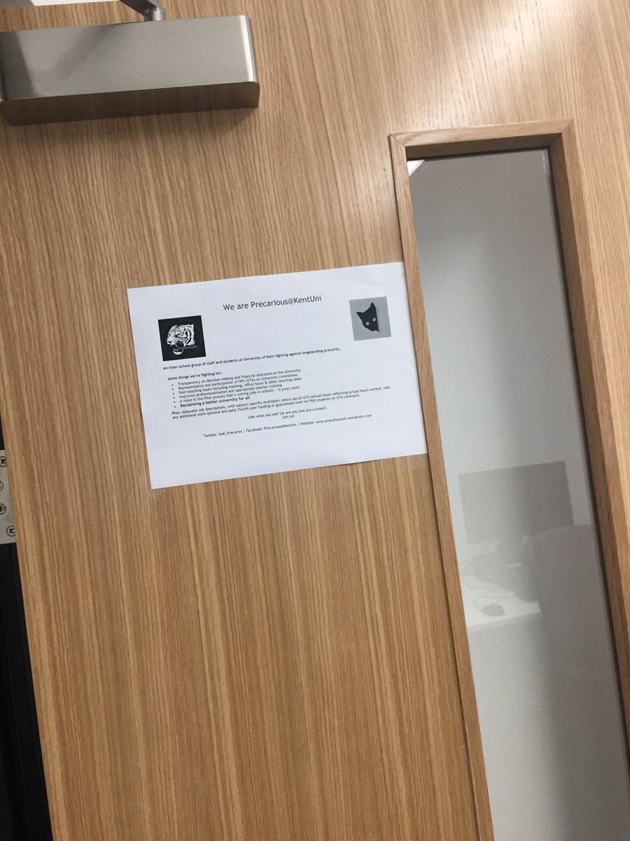 So apparently management doesn’t like it when staff put precaricat flyers on their office doors. Well, we’ll just keep putting them up each time they take them down. #solidarity #reclaimHE #reclaimouruniversity @UoK_UCU