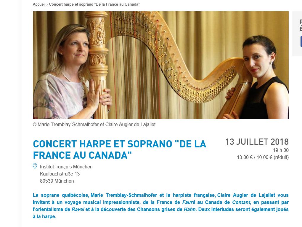 ohnemaus's tweet photo. Concert harpe et soprano "De la France au Canada" le 12 juillet à 19 h, à Munich. https://t.co/Cbs8d6Oanp
