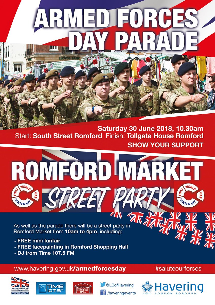 Tomorrow, Saturday 30 June, is #ArmedForcesDay. #SaluteOurForces at the parade, which starts 10.30am, from South Street &amp; finishes at Tollgate House. Then enjoy fun at the street party in Romford Market,10am-4pm, FREE face painting, <a href="/romshoppinghall/">RomfordShoppingHall</a> funfair &amp; <a href="/Time1075_fm/">Time 107.5</a> DJ