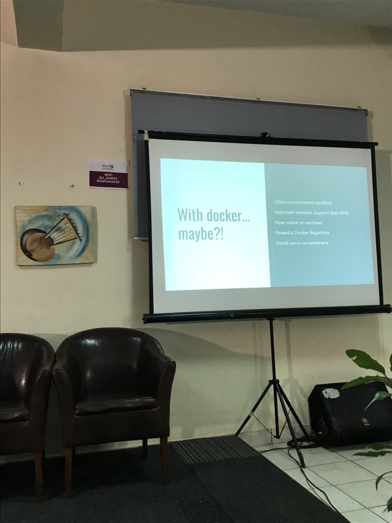 NairubyKE's tweet photo. @wanyama_man our long time member and software engineer at @kloeckner_i in #Berlin presenting “Exploring Docker for Rubyists on Windows”. #opensource #windows @Microsoft @gitlab @heroku @RiaraUniversity #RubyconfKE2018 Day 2. https://t.co/hk7eMobEZ7