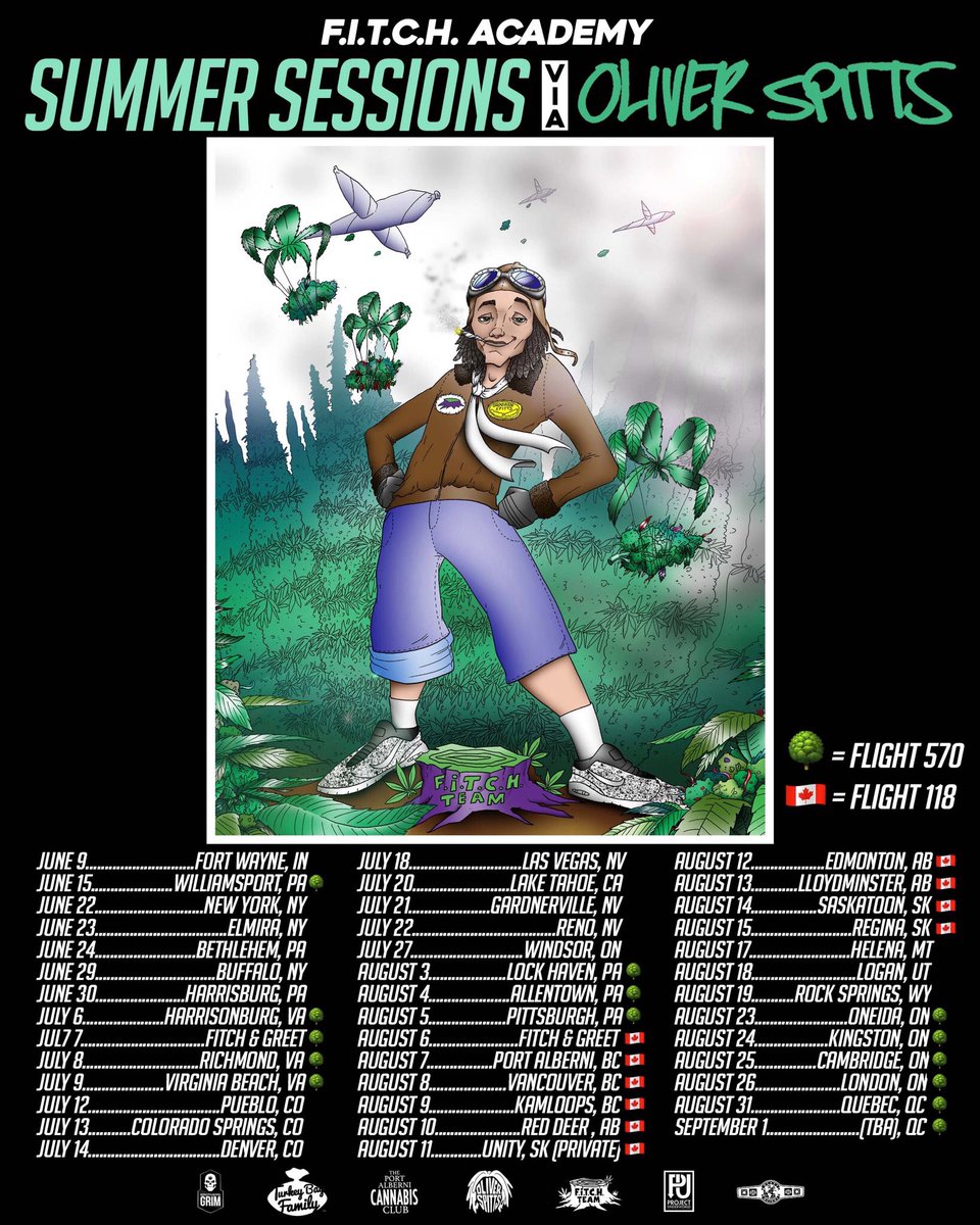 oliverspitts's tweet photo. Updated #FitchAcademy tour schedule 🛩

#Flight118 = @BrothersGrim @PatGrim118 @DohSkiProd @YoungMindsYEG 

#Flight570 = @BuddWalkerSTR  @iamgibbs570  @Dryft9 @dejay900 @yoursk8rboi

#PortAlberniCannabisClub #Heavyweight https://t.co/y90xtWcGB1