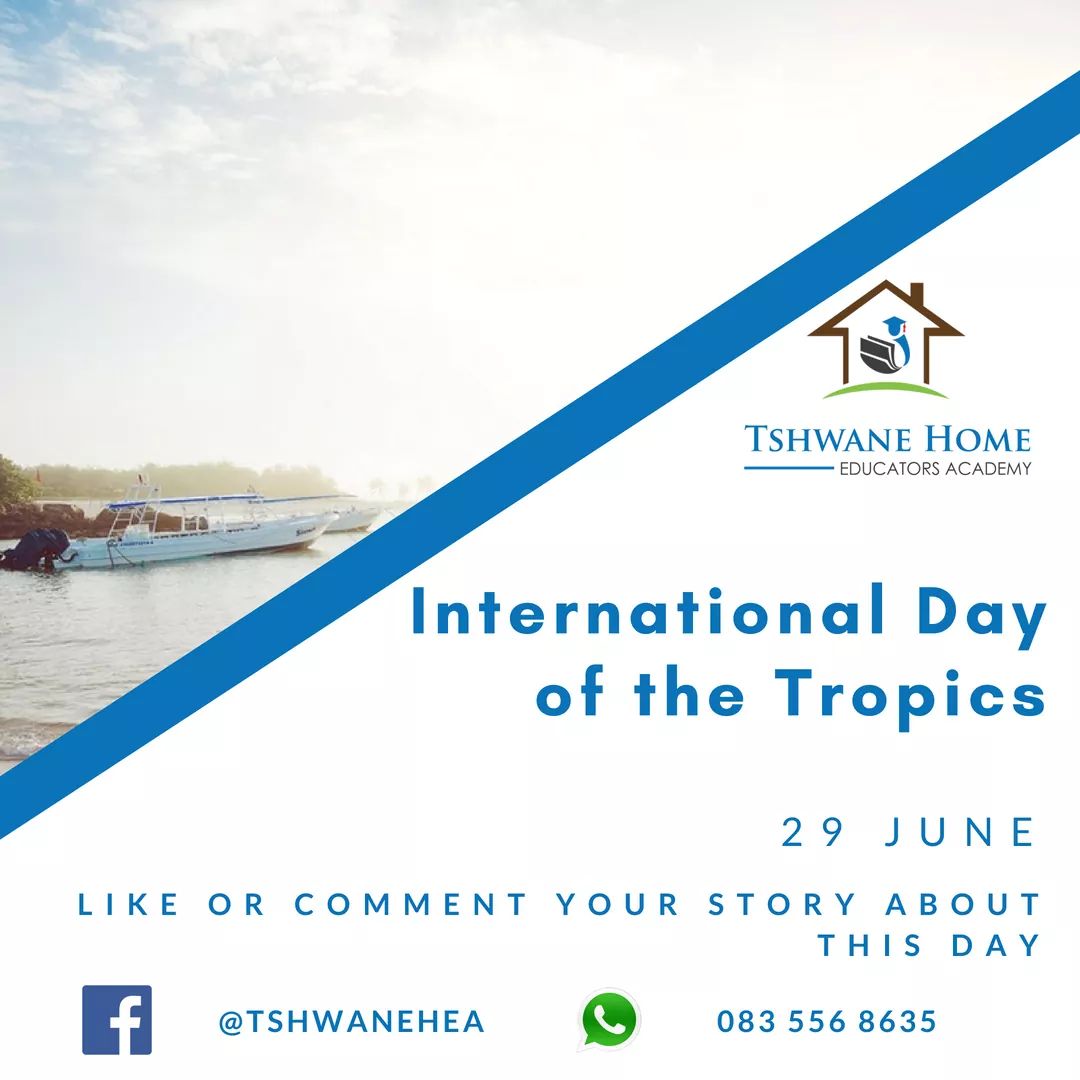 International Day of the Tropics - 29 June

Like or comment your story about this day! Tag a friend or share with everyone. #InternationalDayoftheTropics #TshwaneHEA

See more at <a href="/TshwaneHEA/">Tshwane Home EDU</a>

How about Home Schooling? Visit tshwanehomeschooling.com