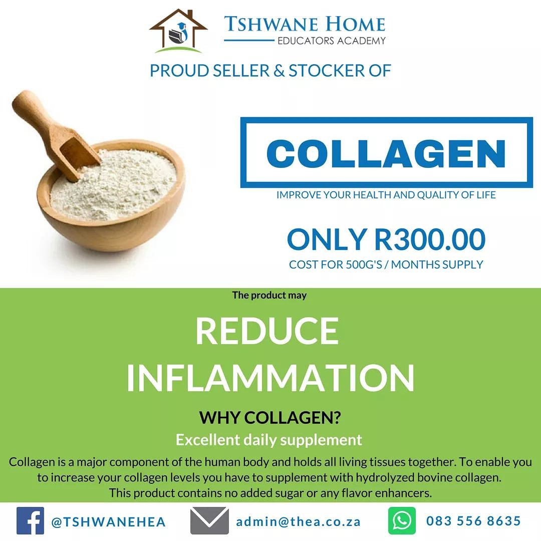 COLLAGEN - THE PRODUCT MAY REDUCE INFLAMMATION.

Order here: form.myjotform.com/80182263119553

Why Collagen?
Collagen is a major component of the human body and holds all living tissues together.

See more at: <a href="/TshwaneHEA/">Tshwane Home EDU</a>