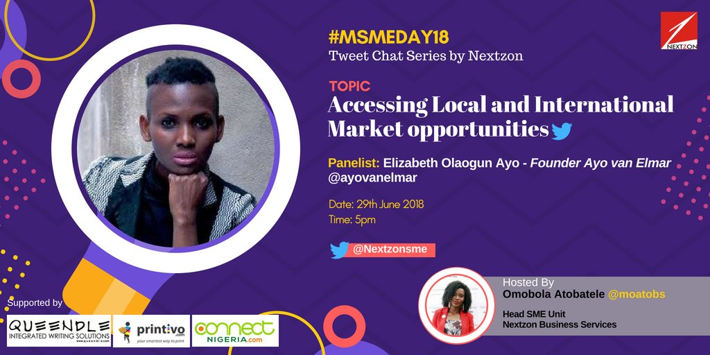nextzonsme's tweet photo. Welcome to the 3rd and final day of the #MSMEday18 series. Our host for today is none other than the Fashionpreneur herself, Ayo Elizabeth Olaogun, Creative and Arts Director @AyoVanElmar a global household fashion brand. @ITCnews @Nextzon1 @fidelitysmes https://t.co/qE2W3WI0ax