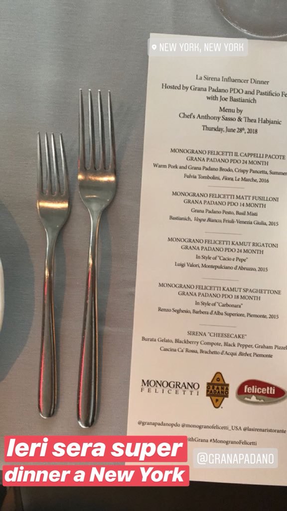 Ieri Super Dinner a La Sirena Ristorante di New York, in compagnia di <a href="/Jbastianich/">Joe Bastianich</a> <a href="/RicFelicetti/">Riccardo Felicetti</a> e <a href="/GranaPadanoDOP/">Grana Padano DOP</a> + american top blogger 
#mipiacemonogranofelicetti in USA 🇺🇸 😎