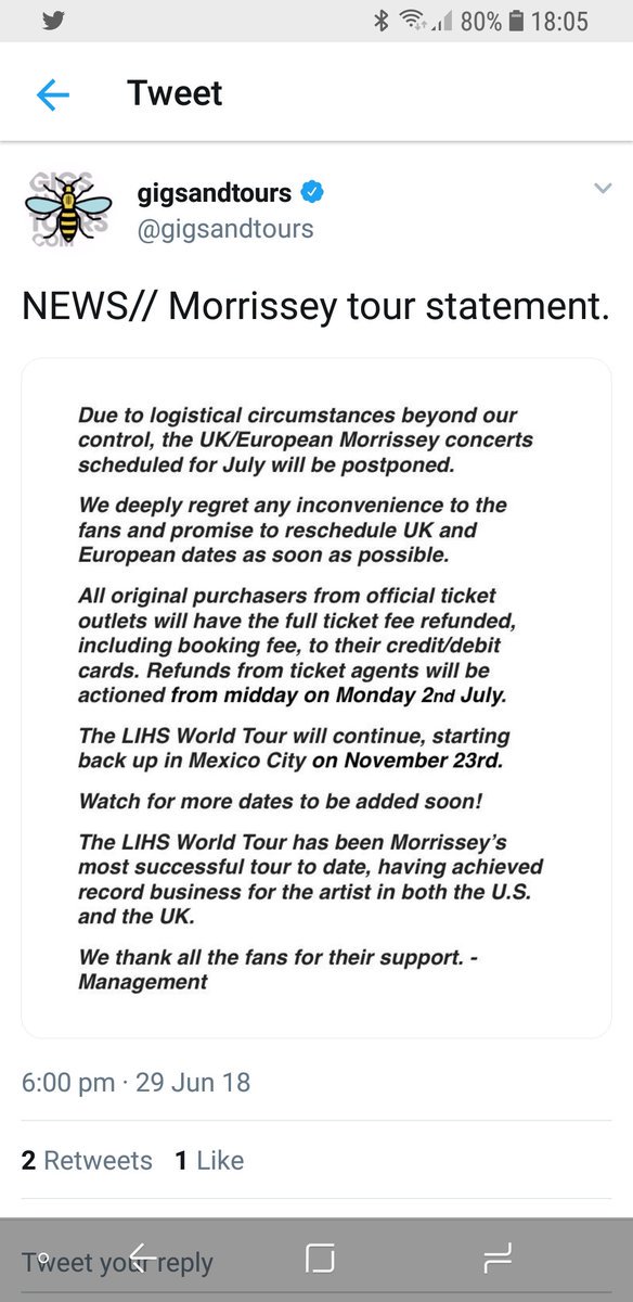 Mr_Dave_Haslam's tweet photo. Morrissey has cancelled all of his UK & European shows in July - including two homecoming gigs at Manchester's Castlefield Bowl. Promoter says its due to "logistical circumstances beyond our control". Low ticket sales are thought to have played a part in this decision. https://t.co/Gxc74HsmY9