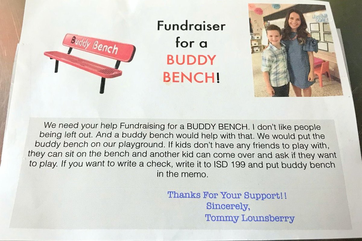 Tommy, an ISD 199 student, is fundraising to build Buddy Benches at each ISD 199 elementary school so every student can ave a buddy! Donate around IGH, including at Hometown Meats on 80th Street! #inspire199 #community199
