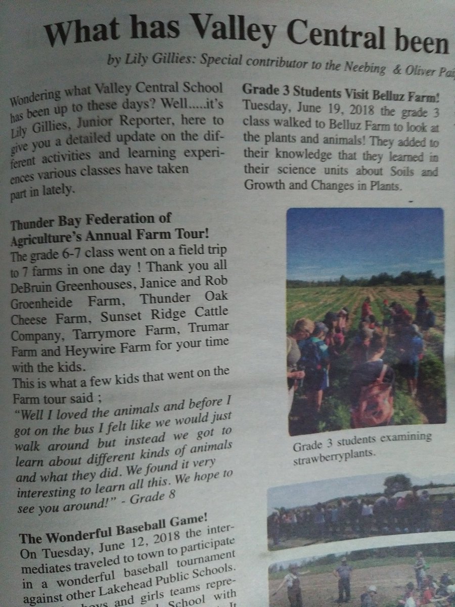 valleycentralps's tweet image. Grade 3 Maureen Desimone award winner Lillie Gillies publishes another article in the Oliver Paipoonge times! Keeping the community informed about Valley!  @LakeheadSchools #LPStb #writing