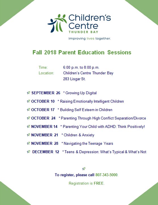 Our Fall Parent Education Sessions are open for registration. Sign up early to save your seat. All sessions are free and open to the public. Child minding services may be available. Call 343-5000 to learn more. #cctb #mentalhealth #tbay