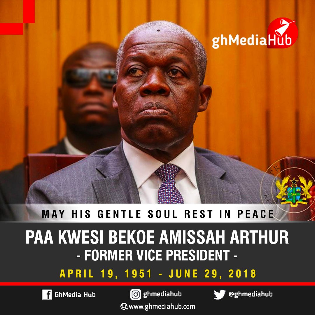 ghmediahub's tweet photo. Our deepest commiserations to the wife, children, family and friends of former Vice President Paa Kwesi Bekoe Amissah-Arthur. We have indeed lost a gem.
Rest in Peace sir! #ghmediahub https://t.co/aOPFjfqfot
