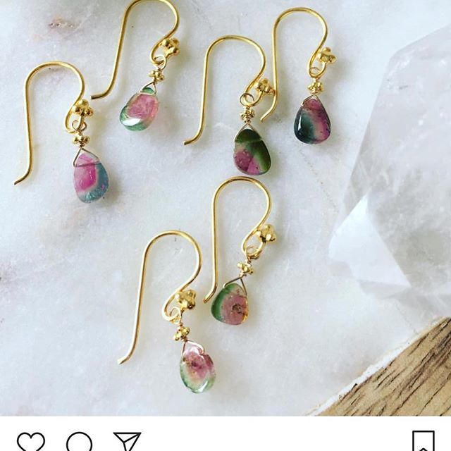 Just in time for Summer! Watermelon tourmaline earrings. No two pair are exactly alike.#prettyearrings #handmade #tourmaline