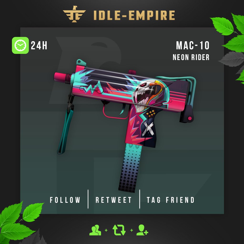 CSGOIdleEmpire's tweet image. MAC-10 | Neon Rider  - Giveaway! 🎁

Enter now:

✔️ Click idle-empi.re/2KURoGY      
✔️ Retweet this Tweet &amp;amp; Follow us
✔️ Tag a friend

Winner will be announced in 24 hours  🏆