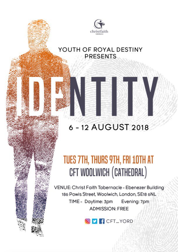 CFT_yord's tweet photo. CFT Youth of Royal Destiny presents the official poster for this year’s annual youth convention: IDENTITY 2018 [Jer 1:5]

#CFTYORD #CFTYORD18 #CFTYC2018 #CFTIdentity18 #CFTIdentity #Identity2018 #YORD2018 #youthministry #christianyouth #londonyouth #london https://t.co/1HTs3NM3XM