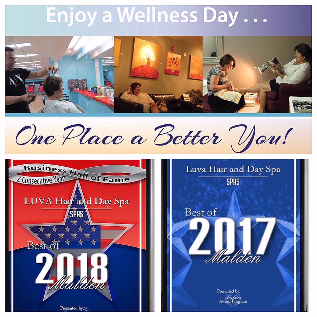 LuvaHairDaySpa's tweet photo. Two consecutive years Best Spa in Malden.
Come to LUVA and have a Me, Myself and I time. 
https://t.co/SqxpxkyYYA
#hair #massage #skincare #manicure #pedicure 
call 781.321.2000
#beauty #relax #oneplacebetteryou #loveit #good #celebration #fun #wellness #professional #reliable https://t.co/VzjE4yLYOK
