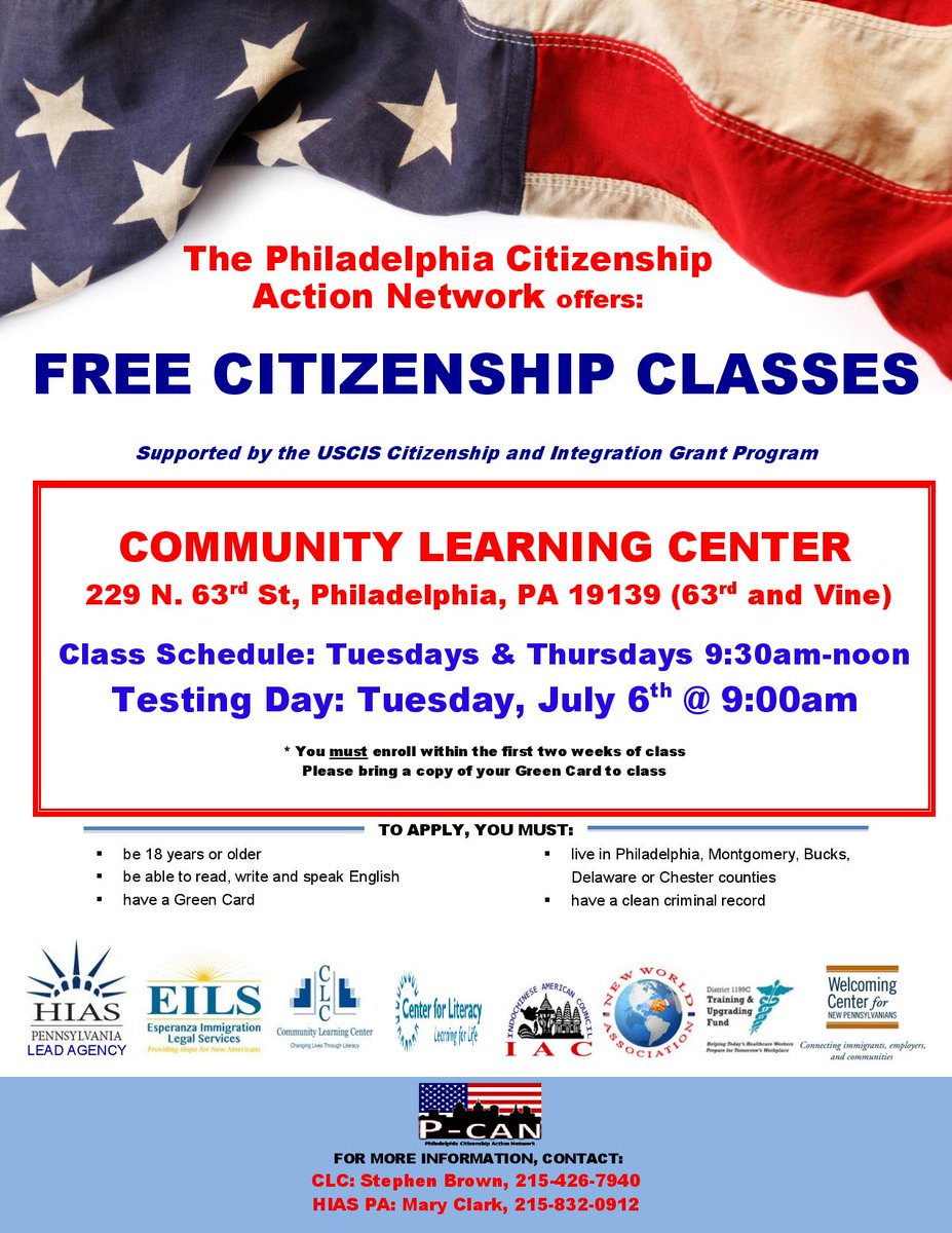 Psst! It is not too late to enroll in free Citizenship classes held at Community Learning Center! Only a few spots left. For more information, call (215) 426-7940.