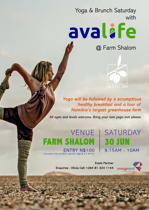 OfficialAvalife's tweet photo. #Avacare celebrates the goodess of #Yoga differently in #Namibia on 30th June at #FarmShalom. #Yoga will be followed by a scrumptious healthy breakfast & a tour of #Namibia's largest #greenhousefarm. #Yoga is one of the oldest #holistichealthcaresystems. https://t.co/YVc7NYX38e