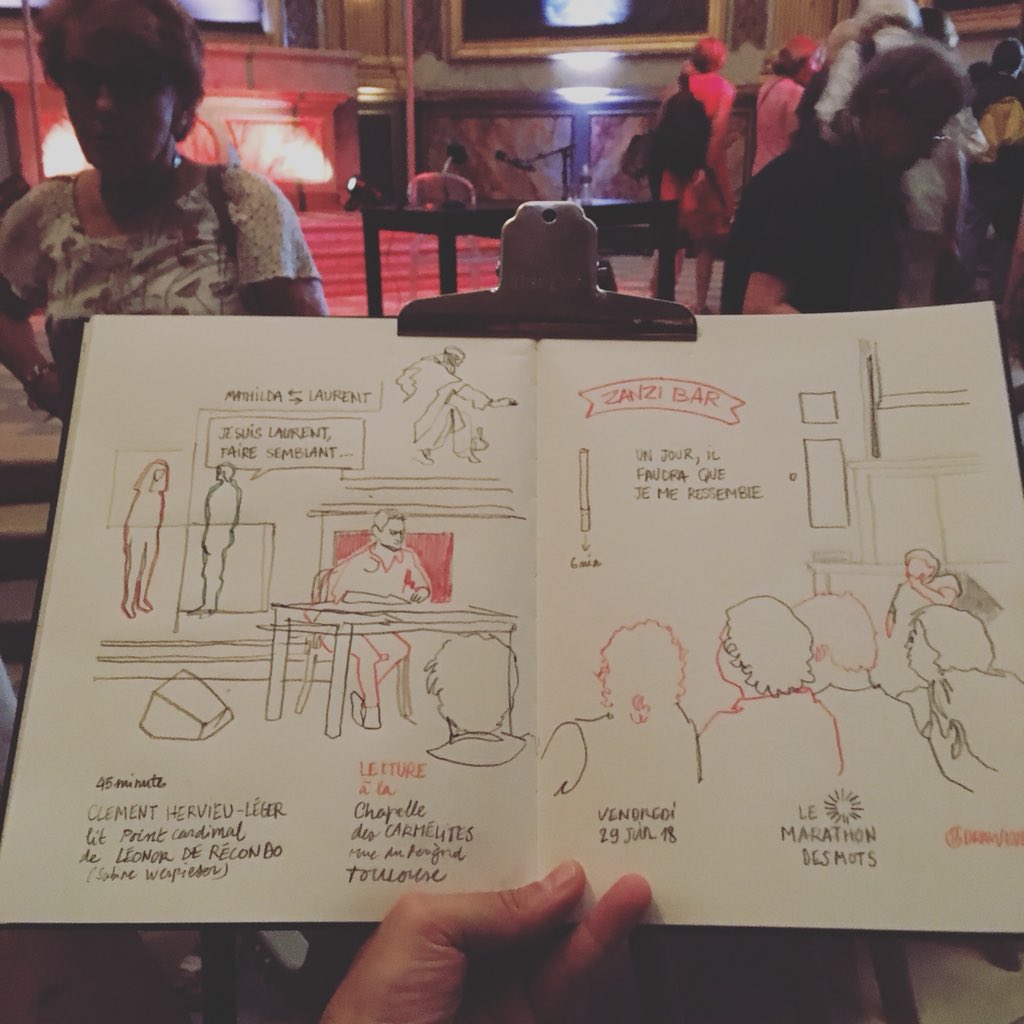 #livesketching #urbansketchers #drawing @lemarathondesmots , Clément Hervieu-Léger lisait « Point cardinal » de Léonor de Recondo (Sabine Wespiser) , chapelle des Carmélites.