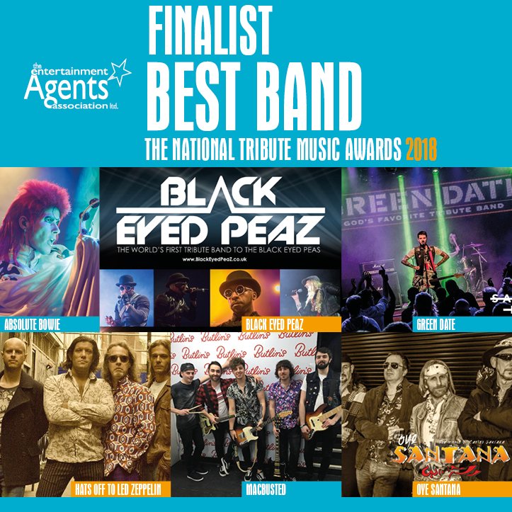 NationalTribute's tweet photo. The finalists for Best Band are: The Black Eyed Peaz, Absolute Bowie, MacBusted, @OyeSantanaBand @greendate and @hotledzeppelin #NTMAS2018 https://t.co/Gp6t7dY0Qt