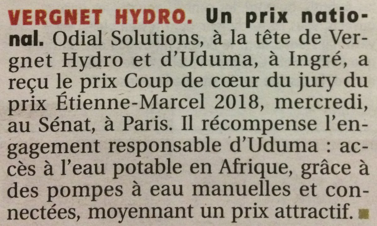 Uduma_Gestion's tweet photo. #Entrefilet de @larep_fr sur l'attribution du @PEtienneMarcel, catégorie #COUP DE #COEUR, à #ODIAL #SOLUTIONS et sa filiale @UDUMA. @akvo @AkvoWestAfrica @AquaforAll @myAquasys @SNVworld @Tribout https://t.co/kExJsGBCho