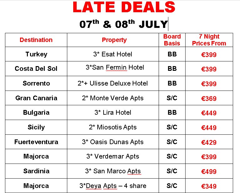 Good weather here means low high season prices for July !
Here are next weekends late deals 😍🏖️🍹💥
Call us on 051-872881 for more info or to book