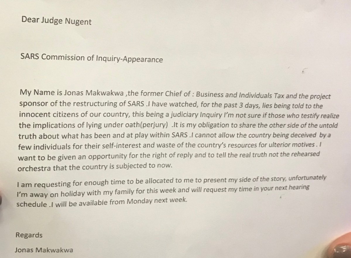 #SARSInquiry Former SARS COO Jonas Makwakwa writes to Judge Nugent requesting to appear before inquiry to correct some 'lies' being peddled by people under oath #SARSenquiry