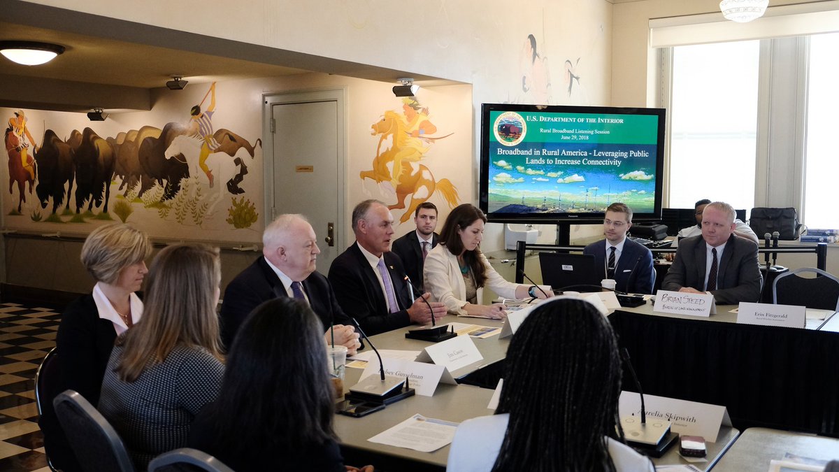 SecretaryZinke's tweet photo. .@Interior hosted a roundtable discussion on #RuralBroadband today. @POTUS and I are prioritizing access to broadband technology in rural America. At @BLMNational we do this by permitting rights of way and co-locating technology to better serve the American people. https://t.co/hNyh2Ud9bi