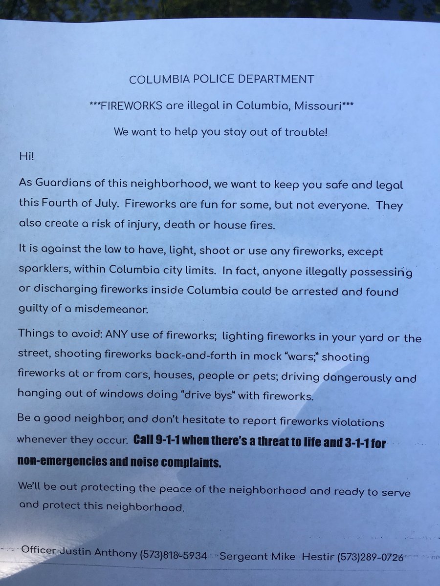In early trying to beat the heat....I lost.  Going door to door in the central neighborhood with flyers trying to educate about city laws on fireworks..  Education is a great deterrent. Let’s make it a safe and lawful 4th of July <a href="/CPDMikeCoMo/">LtHestirColumbiaPD</a>