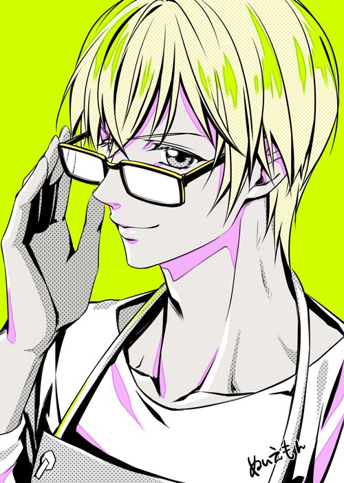 1boy male focus solo glasses green background smile adjusting eyewear  illustration images