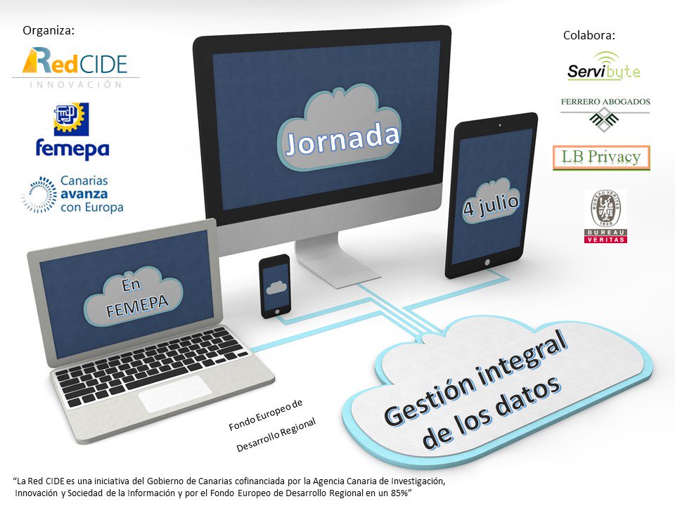 FEMEPA_LP's tweet photo. JORNADA “GESTIÓN INTEGRAL DE LOS DATOS”
4 de Julio de 2018, en el Salón de Actos de FEMEPA
Inscripción en: https://t.co/EzsrgWhd0P
"La @Red_CIDE es una iniciativa del Gobierno de Canarias cofinanciada por la @agenciaiisi y por el Fondo Europeo de Desarrollo Regional en un 85%” https://t.co/uwL1rLZt8U