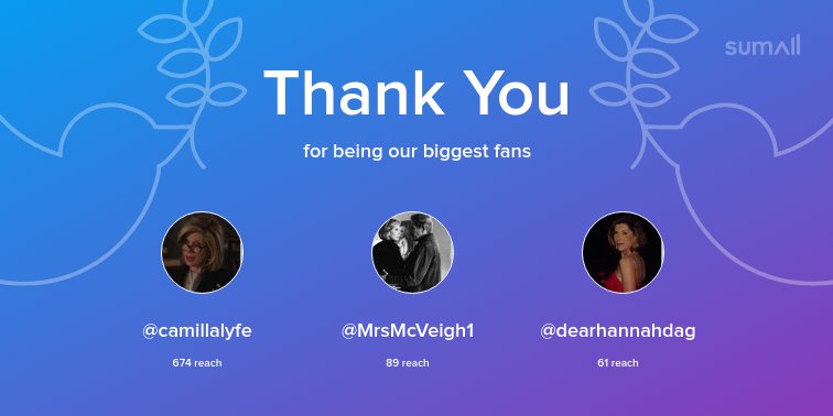 Our biggest fans this week: @camillalyfe, @MrsMcVeigh1, @dearhannahdag. Thank you! via sumall.com/thankyou?utm_s…