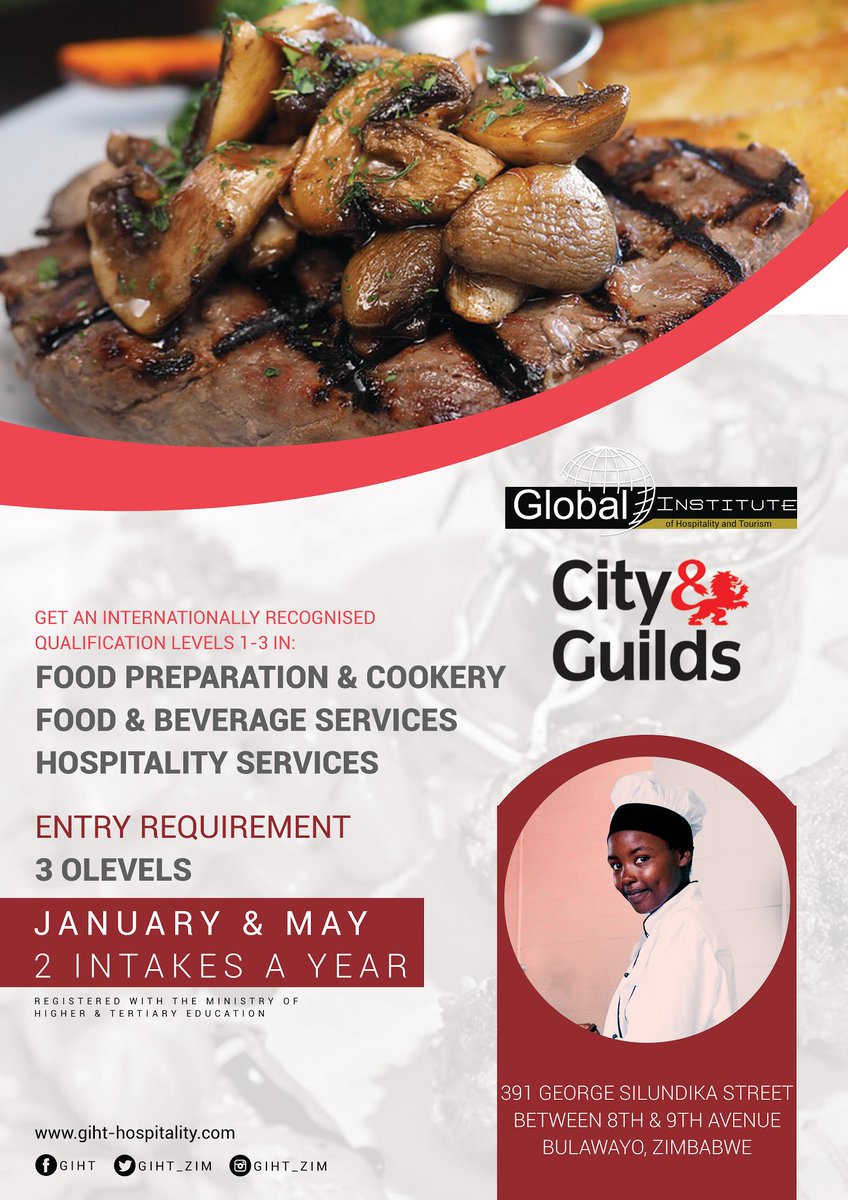 CulxureMag's tweet photo. Apply today and get yourself on course for a career in hospitality with an international City &amp; Guilds qualification from @giht_zim 
@EmmaNxumalo 
@melisatebogola1 
@curatezim
#WeLoveToCook 
#FutureChef 
#GIHT https://t.co/eXB56NbjGD