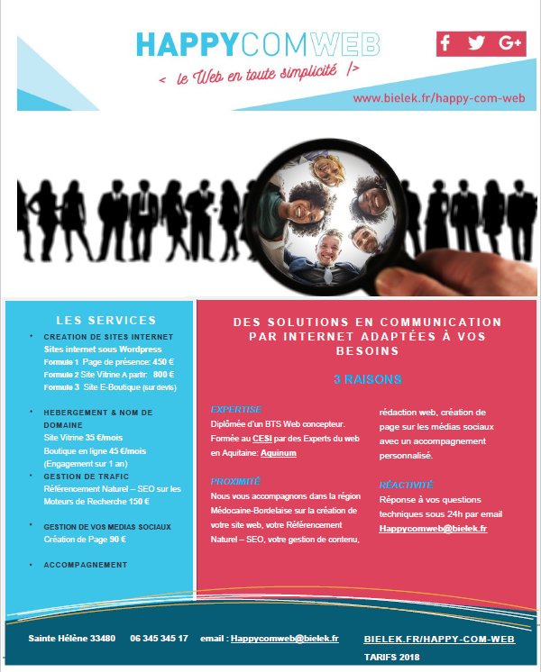 HappyComWeb's tweet image. Pour plus d&apos;informations sur les services @HappyComWeb , découvrez la plaquette commerciale 2018 ! Happycomweb@bielek.fr 
#TarifsHappycomweb #Servicesweb #Créationdesitesinternet #Sitevitrine #sitedeprésence #siteeboutique #SEO  #PageMédiassociaux #Accompagnementweb #Abientôt