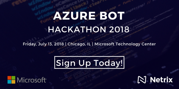 NetrixGlobal's tweet photo. Showcase your innovative ideas and solutions in the first-ever Azure Bot Hackathon in Chicago brought to you by Microsoft and Netrix on July 13th. Open to all developers and architects alike. Sign up now before it is too late! https://t.co/syBEHpx21X https://t.co/akEr42UAgX