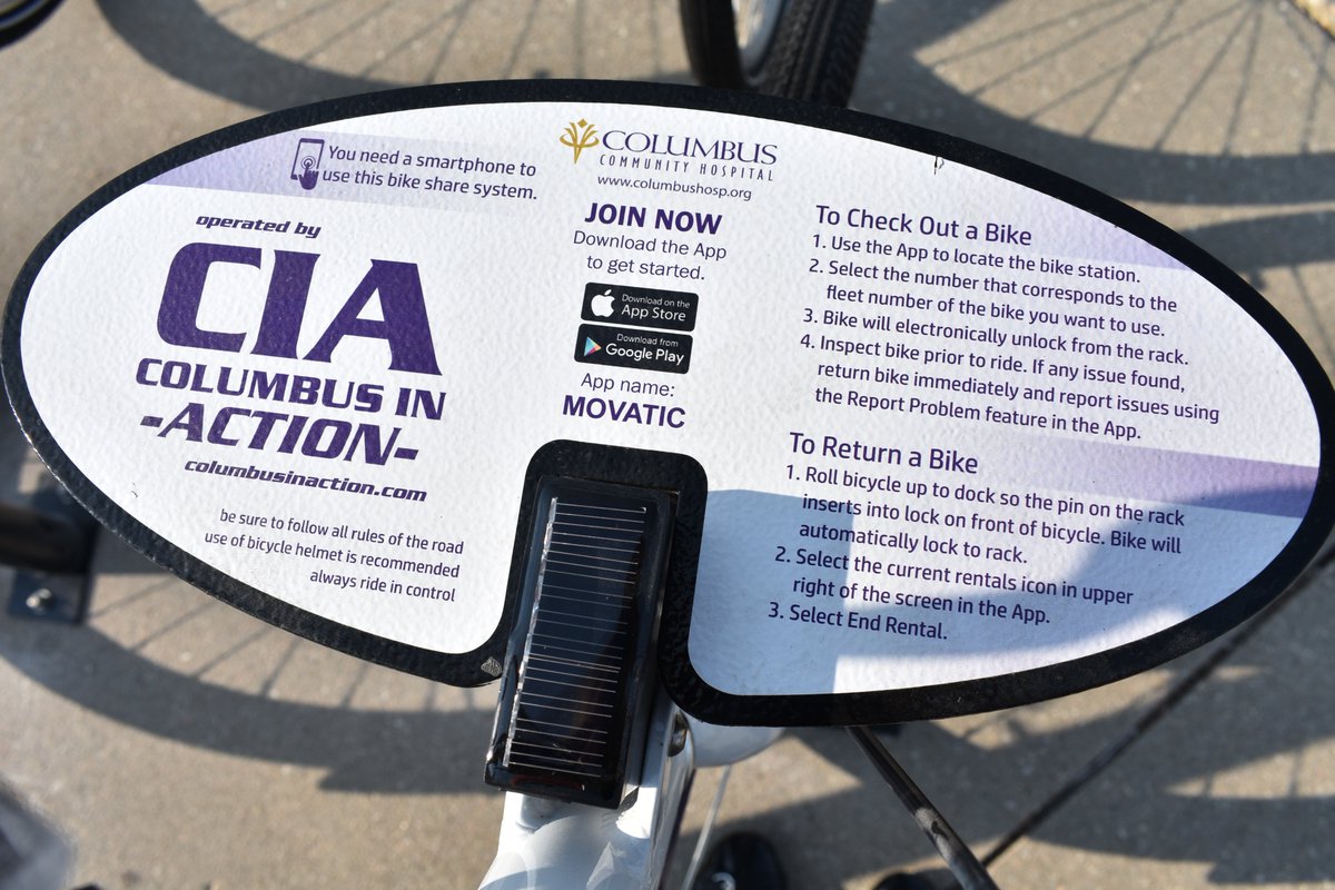 columbushosp's tweet photo. Bike share is here! Stop by Columbus Community Hospital, @ColFamYMCA or the @RamadaHotelCC to rent a bike today. Get out, explore and enjoy the ride! #BikeShare @MovaticMobility #Movatic https://t.co/QYdXB0Aqwb