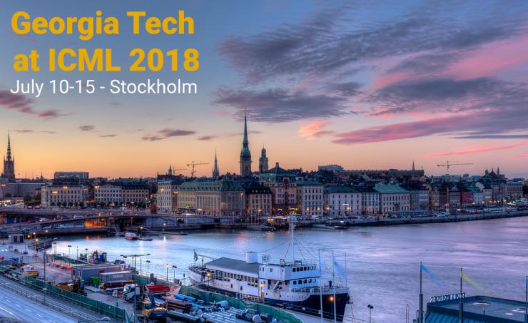 Stockholm harbor at sunset background with GT at ICML 2018 July 10-15 at the top left.