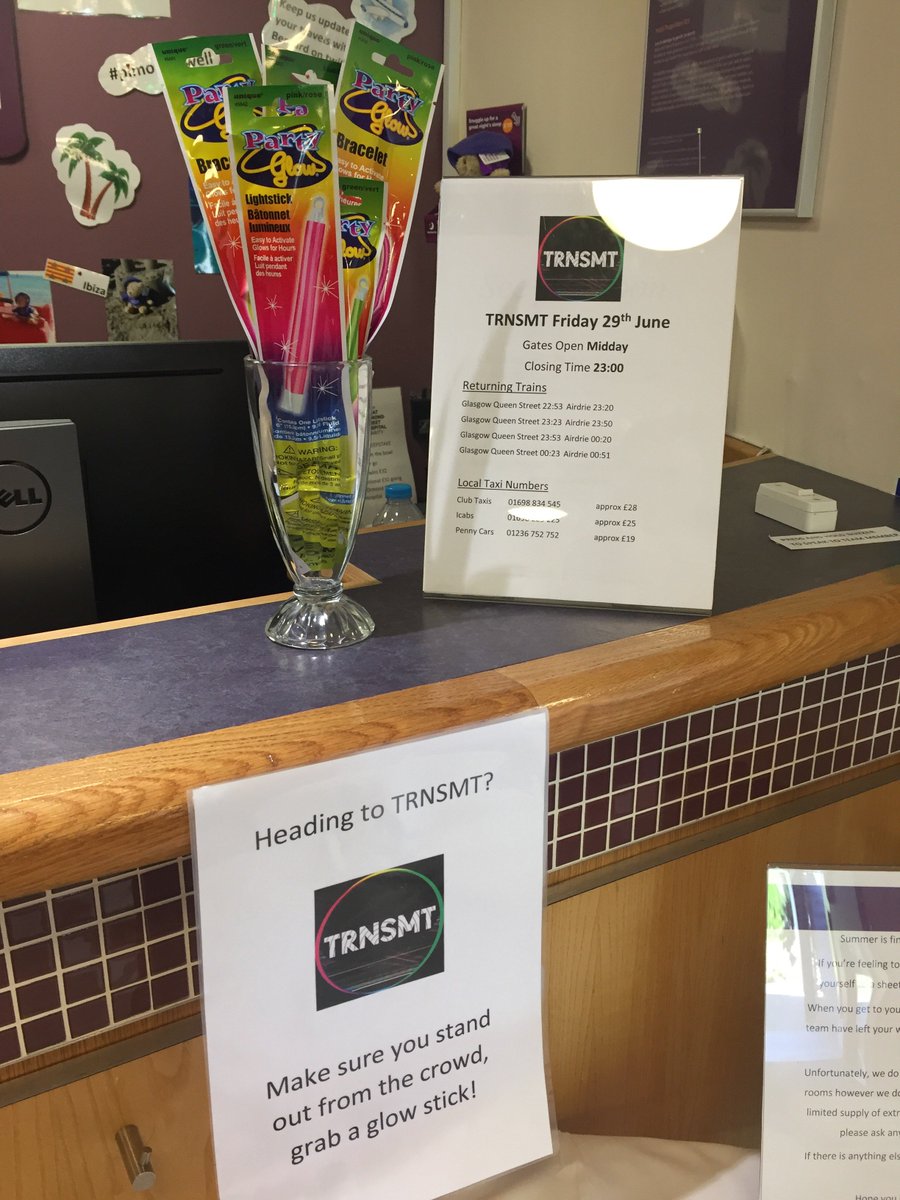 PIMotherwell's tweet photo. Getting our guests organised for #TRNSMT tonight, gonna be a fab weekend ☀️ 🕺💃🏻 #glowsticks @CentScotPI @Ailsa_28 https://t.co/XI0IgiWuky